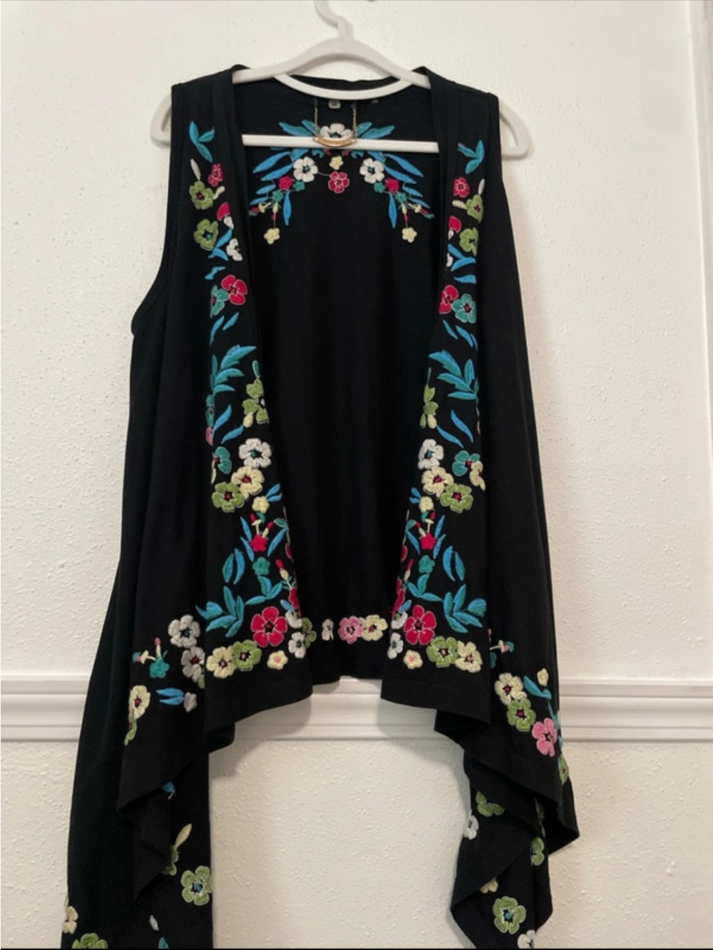 Black Embroidered Floral Draped Vest